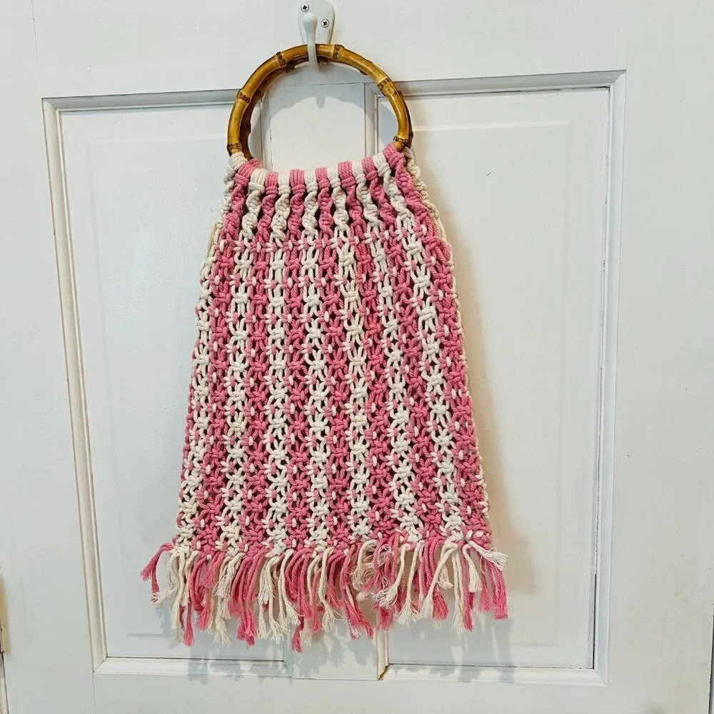 Vintage 70s Macrame Market Bag, Crochet Hobo Handbag, Handwoven Purse w Bamboo